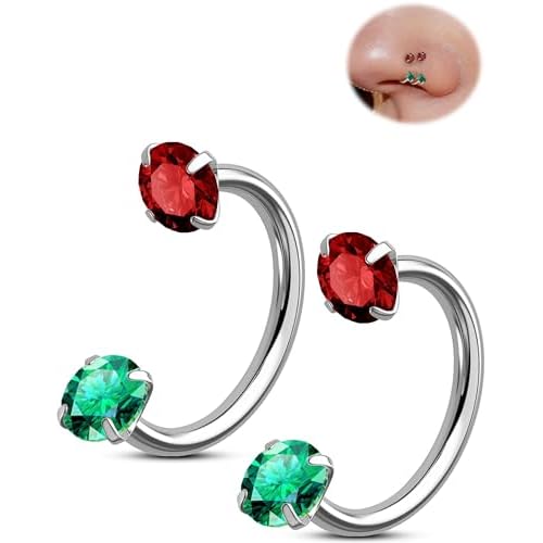OUFER 2PCS 316L Surgical Steel Horseshoe Nose Rings Hoops, 20G Push Pin Threadless Nose Rings For Women Men, Double Crystal Horseshoe Septum Lip Eyebr
