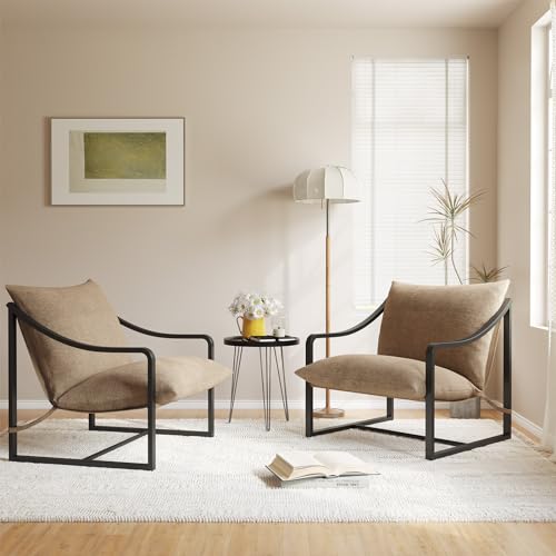 Garvee Mid-Century Modern Sling Accent Chair Set of 2, Comfy Fabric Living Room Chairs with Heavy Duty Metal Frame, Lounge Reading Armchair for Living