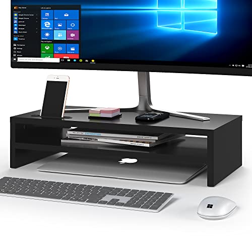 BONTEC Wood Monitor Stand Riser, 2-Tier Desktop Organizer with Storage, Ergonomic Computer Stand for Desk, Cable Management, Cellphone Holder, 21.3 In