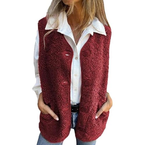 Womens Sherpa Vest Sleeveless Fleece Jacket Warm Fuzzy Coat Casual Winter Outerwear Wine Red Large