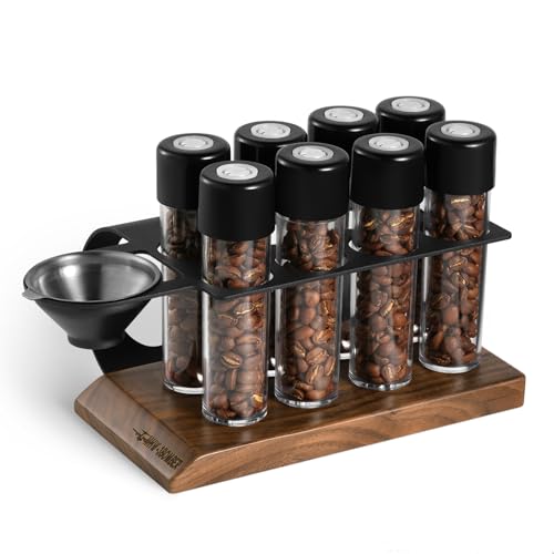 MHW-3BOMBER Single Dose Coffee Bean Storage Tubes, 8 pcs, Coffee Bean Cellars with One-Way Exhaust Valve,Espresso Dosing Vials with Walnut Stand & Hop