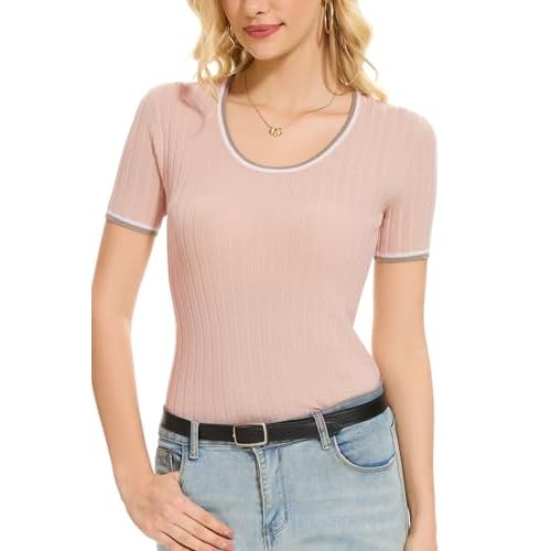 Women's Short Sleeve Scoop Neck Tshirts Color Block Slim Fit Ribbed Knit Summer Basic Casual Tee Tops Lightpink Medium
