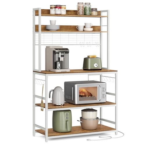 VASAGLE Hutch Bakers Rack with Power Outlet, 14 Hooks Microwave Stand, Adjustable Coffee Bar with Metal Wire Panel, Kitchen Storage Shelf, 15.7 x 39.4