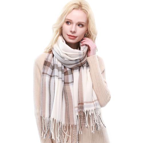 RIIQIICHY Plaid Scarf for Women Fall Winter Pashmina Scarves Wraps for Cold Weather Warm Large Ivory-Grey-Black-Tan