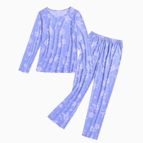 VENTELAN Women Pajamas Cute Christmas Bear Sleepwear Long Sleeve Stripes Loungewear Small Blue-flower