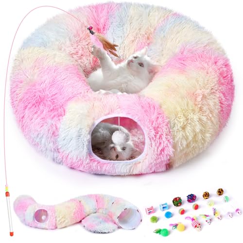 Odoland Cat Tunnel Bed with 20 Cat Toys - Indoor Plush Kitten Couch,Detachable Cats Cave Donut Tunnel & Soft Kitten Toy Set-Cozy Cat Furniture Pink