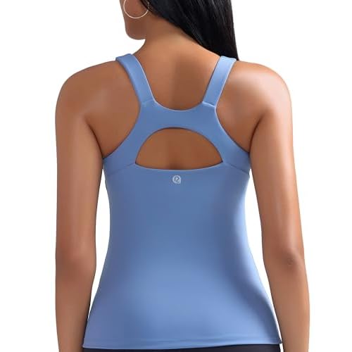 RUNNING GIRL Workout Tank Tops for Women Built in Shelf Bras Padded,Sleeveless Gym Tops Athletic Yoga Shirts Light Blue XX-Large