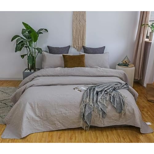 KASENTEX Coverlet Quilt Set-Pre Washed-Luxury Microfiber Soft Warm Bedding-Solid Colors Bedspread-Contemporary Floral Design (Taupe Grey, Queen + 2 Sh