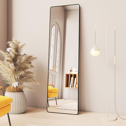 59" x 16" Full Length Mirror with Stand, Black Floor Mirror Full Length, Full Size Mirror for Bedroom Living Room, Tempered Glass, Aluminum Alloy Fram