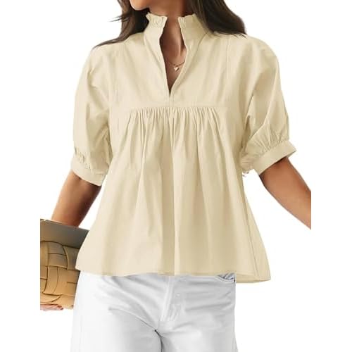 Womens Puff Short Sleeve V Neck Blouse Dressy Casual Shirt Loose Fit Peplum Babydoll Pleated Tops Beige Large