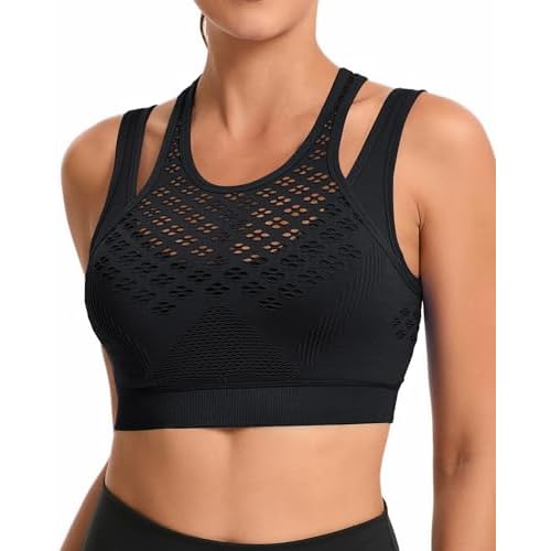 RUNNING GIRL Sports Bras for Women High Support,Seamless Ribbed Longline High Neck Sports Bra Racerback Padded Crop Top Yoga Medium A-black