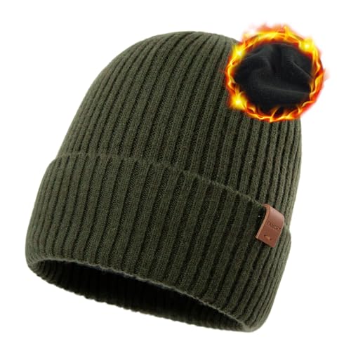 TOP-EX PolarWool™ Oversized 100% Merino Wool Fleece Lining M L XL XXL Beanie Cold Weather Winter Hat Big Head X-Large-XX-Large Te94586_army Green