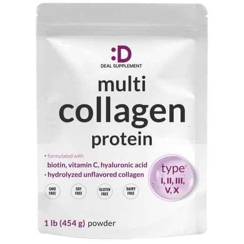 Multi Collagen Protein Powder,1Lb - Type I, II, III, V, X Collagen Peptides with Biotin 10000mcg, Vitamin C & Hyaluronic Acid - Unflavored - Keto & Pa