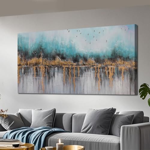 Ardemy Teal Abstract Canvas Wall Art for Living Room Landscape Painting Bedroom Turquoise Grey Panoramic Textured Picture Artwork Framed, Wall Art for