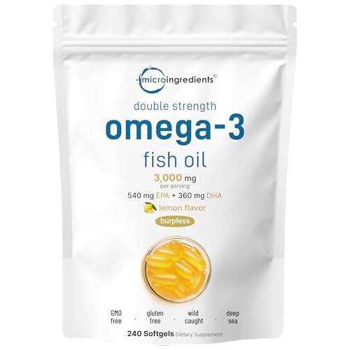 Micro Ingredients Omega 3 Fish Oil Supplements 3,000mg Per Serving, 240 Softgels | Lemon Flavored – Burpless | EPA 540mg + DHA 360mg | Deep Sea Fish