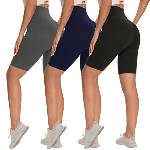 3 Pack Biker Shorts for Women – 8"-5"-3" High Waisted Tummy Control Workout Yoga Running Athletic Shorts Black-Dark Grey-Navy Blue Small-Medium 8 IN