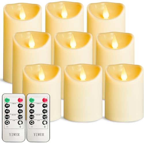 YIWER Plastic Flameless LED Candles,9PCS Battery Operated Candle with Remote Fake Electronic Flickering Light Large Pillar D3”H4”(10.2) 5”6”Du