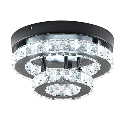 9.8 inch Modern Crystal Chandelier Flush Mount Ceiling Light, Black Mini Chandelier with LED Lighting for Bedroom Hallway Entryway Dining Room, 6000K