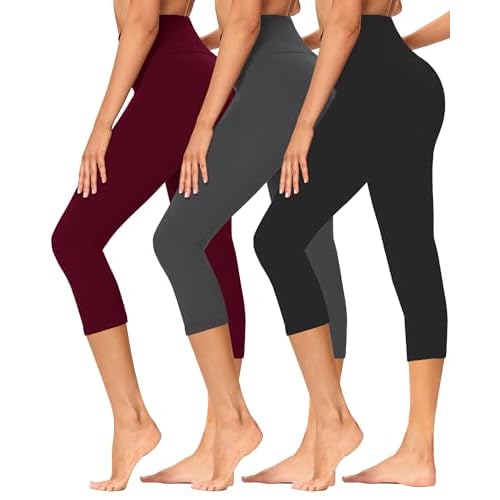 GAYHAY 3 Pack Capri Leggings for Women - Stretch Tummy Control Yoga Pants for Cycling Workout Large-X-Large 1#black-Dark Grey-Wine Red（18 Inch）
