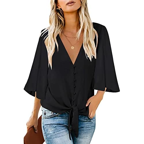 luvamia Women's Casual V Neck Tops 3-4 Sleeve Tie Knot Blouses Solid Button Down Shirts Medium Black
