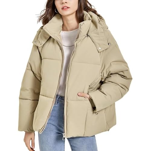Womens Lightweight Puffer Jacket Full Zip Quilted Hooded Winter Down Coat Windproof Warm Bubble Coat with Pocket Khaki Large