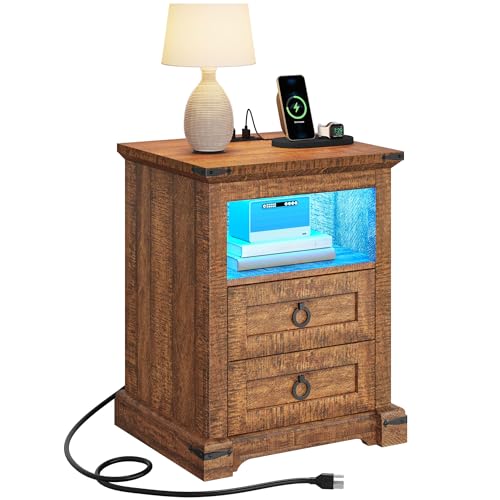 YITAHOME Farmhouse Nightstand with Charging Station, 2 Drawers Night Stand for Bedroom, LED Lights, Heavy Duty End Table Side Table w-Open Shelf, Retr