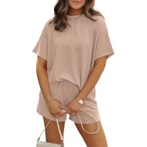 Womens 2 Piece Sets Ribbed Knit Short Sleeve Lounge Set Casual Shorts Summer Outfits