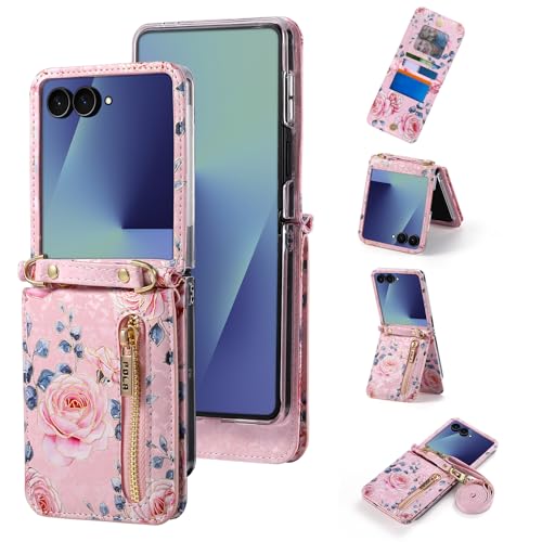 for Samsung Galaxy Z Flip 7 Flower Credit Card Holder Wallet Case with Strap, Rose Pattern Crossbody Purse Floral Kickstand for Women, Cute and Charmi