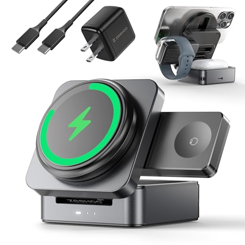 ZEEHOO 3-in-1 Foldable Magnetic Wireless Charging Station, Qi2 Certified 15W Travel Charger Stand Dock for iPhone 17-16-15-14-13-12 Series, Apple Watc