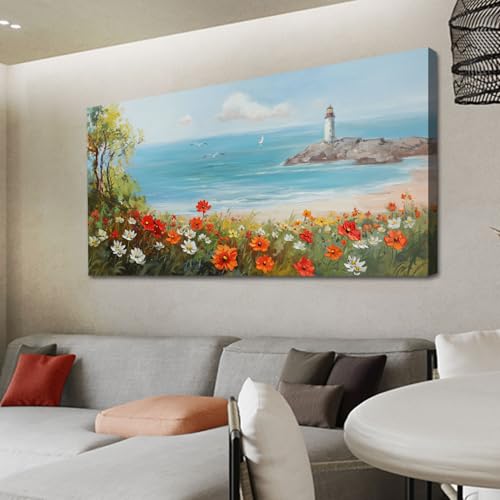 Ardemy Flowers Wall Art Ocean Lighthouse Wall Decor Living Room，Seascape Floral Wall Picture Artwork for Bedroom Bathroom Home Office Canvas Wall Ar