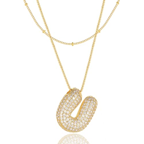 Bubble Letter Necklace Gold for Women，Layered Plated Initial Pendant Puffy Zircon Name Personalized Necklaces Fashion Jewelry for Gifts Letter U