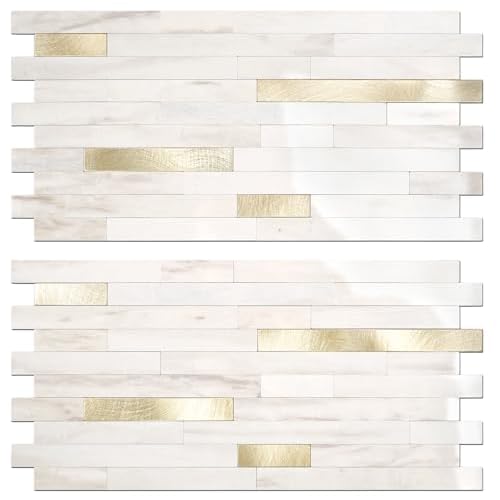 STICKGOO 2 Sheets Peel and Stick Backsplash Tile, Stick on Backsplash for Kitchen and Bathroom, Glossy Eurasian Wood Grain PVC Mixed Metal Gold Self A