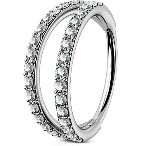 OUFER Nose Rings Hoops, 20G G23 Solid Titanium Nose Piercings, Double Row Diamonds Hoop Nose Ring, Double Nose Ring for Single Piercing, Conch Helix D