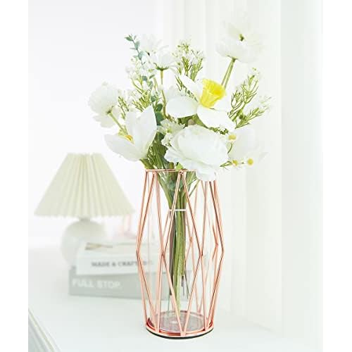 FSyueyun Rose Gold Flower Glass Vases for Centerpieces with Premium Metal Rack, Modern Large Vases Home Decor Living Room or Wedding Centerpiece (8.7