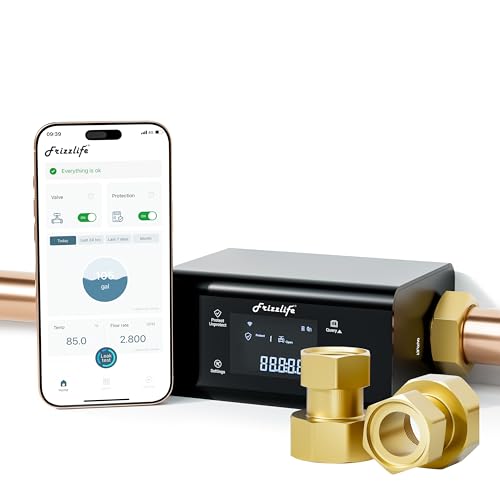 Frizzlife LP365 1.25-Inch Smart Water Monitor and Automatic Shutoff - 0.01GPM Ultrasonic Micro Leak Detection, APP Wi-Fi Remote Control, Real-Time Flo