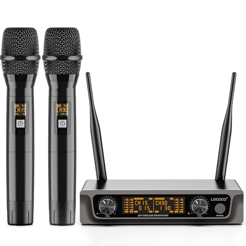Lococo Wireless Handheld Microphone Karaoke System: Professional UHF Metal Dual Cordless Dynamic Mic Set - Long Transmission Range 200ft with Receiver