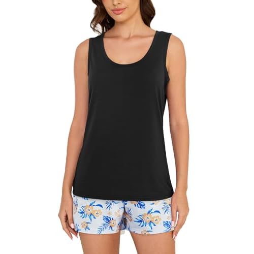VENTELAN Women Pajamas Cute Tank and Shorts Set Soft PJS Sleepwear Loungewear Small Pure Black