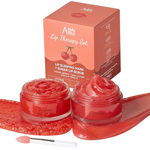 ANAI RUI Cherry Lip Scrub & Lip Mask Set, Vitamin E, Hyaluronic Acid & Shea Butter, Lip Scrubber Exfoliator,Hydrating Lip Mask Overnight, Sugar Scrub