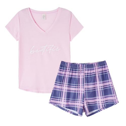 VENTELAN Pajama Set For Women Cute PJS Summer Short Sleeve Shorts Sleepwear X-Small Pink-v Neck
