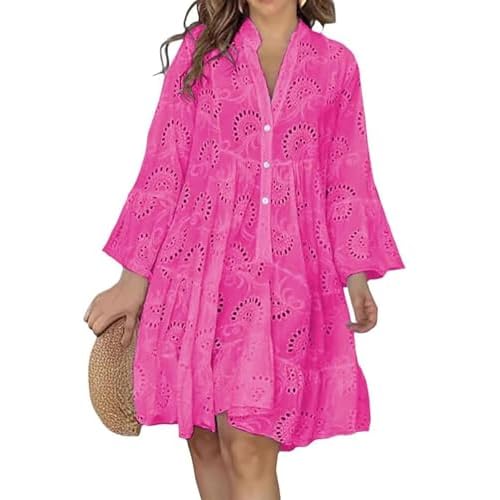 Women Summer Eyelet Lace Midi Dress V Neck Bell Sleeve Flowy Babydoll Casual Beach Dress Rosered Small