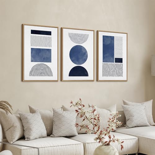 Framed Black Blue and White Wall Art Canvas Set Mid Century Boho Pictures Modern Geometric Wall Decor Minimalist Bohemian Abstract Painting Artwork fo