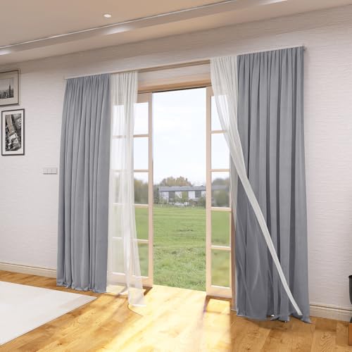ZSHINE Curtain Conjoined Double Track Customize Length Heavy-Duty Curtain Rails with Tulle and Curtain (Grey)