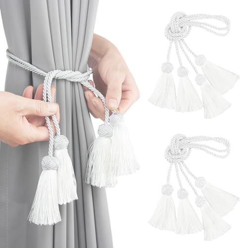 Elegant Curtain Tiebacks Rope Decorative Curtain Tie Backs for Drapes Hand Woven Window Treatment Holdbacks with Tassel, White 4pack