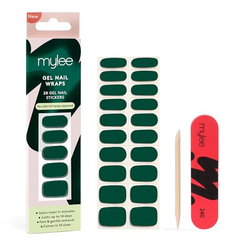Mylee Gel Nail Wraps [Green Velvet] – 10 Pre-Cured Gel Stickers for Instant Mani – No Lamp Needed, Chip-Resistant, Glossy Finish, Lasts Up to 14 D