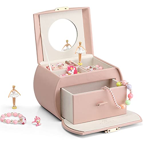 Vlando Girls Jewellery Box with Drawer, Music Box with Ballerina and Stickers for Bedroom Decor, Gifts for Girls Kids, Pink B.pink