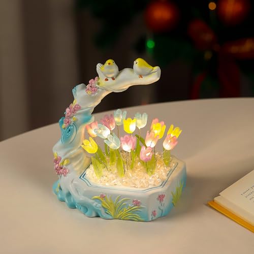 Resin Decorative Flower and Bird Tulip LED Lamp for Womens Gifts, Best Christmas Anniversary Birthday Gifts, Perfect Ideal for Bedroom Ambiance Charmi
