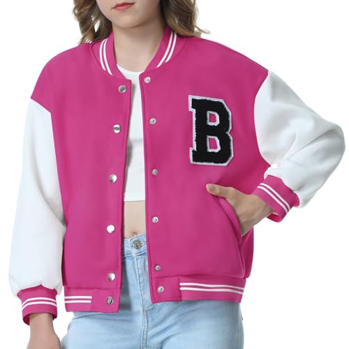EXARUS Girls Varsity Jacket Kids Tweed Baseball Letterman Jackets Outerwear Stripe Trim Contrast Sleeve School Coats 14 Years A-hot Pink