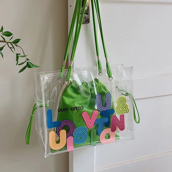 Summer large capacity transparent womens shoulder bag with fashionable letter printed PVC womens handbag 241107