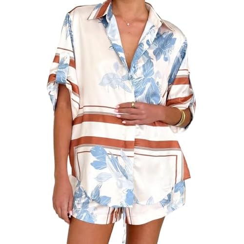 Womens Print Satin Pajama Set Casual Loose Short Sleeve Shirt and Wide Leg Shorts Lightweight Lounge Sleepwear Blue Small