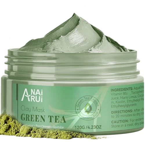 ANAI RUI Green Tea Mask, Clay Mask for Poreless Deep Cleanse, Green Tea Face Mask Blackhead Remover with Kaolin, Aloe, Collagen, Pore Minimizer, Hydra